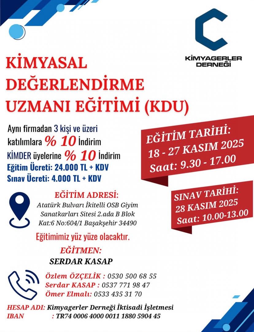 Kimyasal Değerlendirme Uzmanı (KDU) Eğitimi – Kasım 2025 – İstanbul Avrupa