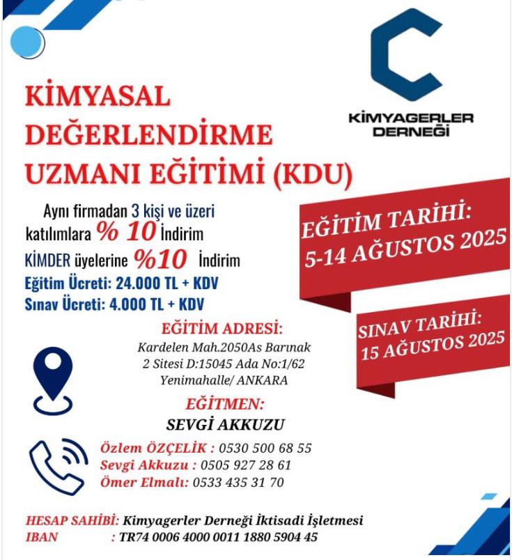 Kimyasal Değerlendirme Uzmanı (KDU) Eğitimi – Ağustos 2025 – Ankara