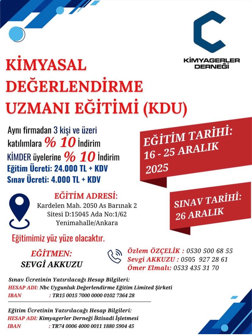 Kimyasal Değerlendirme Uzmanı (KDU) Eğitimi – Aralık 2025 – Ankara