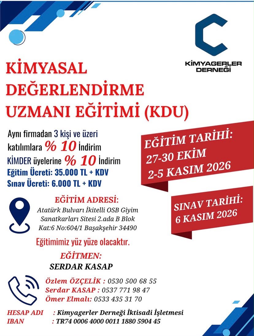 Kimyasal Değerlendirme Uzmanı (KDU) Eğitimi – Ekim 2026 – İstanbul Avrupa