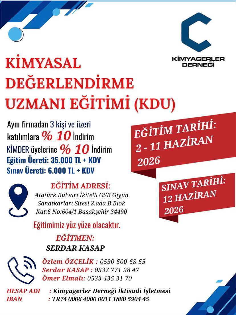 Kimyasal Değerlendirme Uzmanı (KDU) Eğitimi – Haziran 2026 – İstanbul Avrupa
