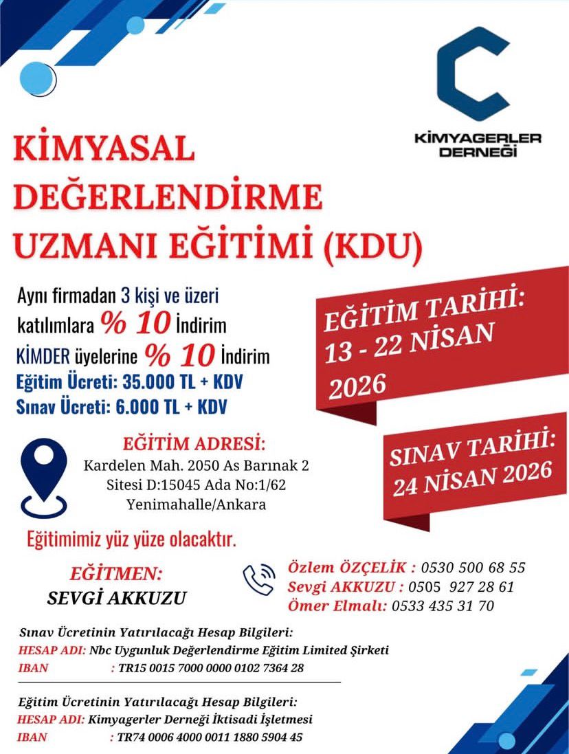 Kimyasal Değerlendirme Uzmanı (KDU) Eğitimi – Nisan 2026 – Ankara