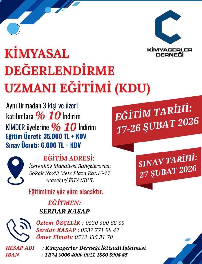 Kimyasal Değerlendirme Uzmanı (KDU) Eğitimi – Şubat 2026 – İstanbul Anadolu