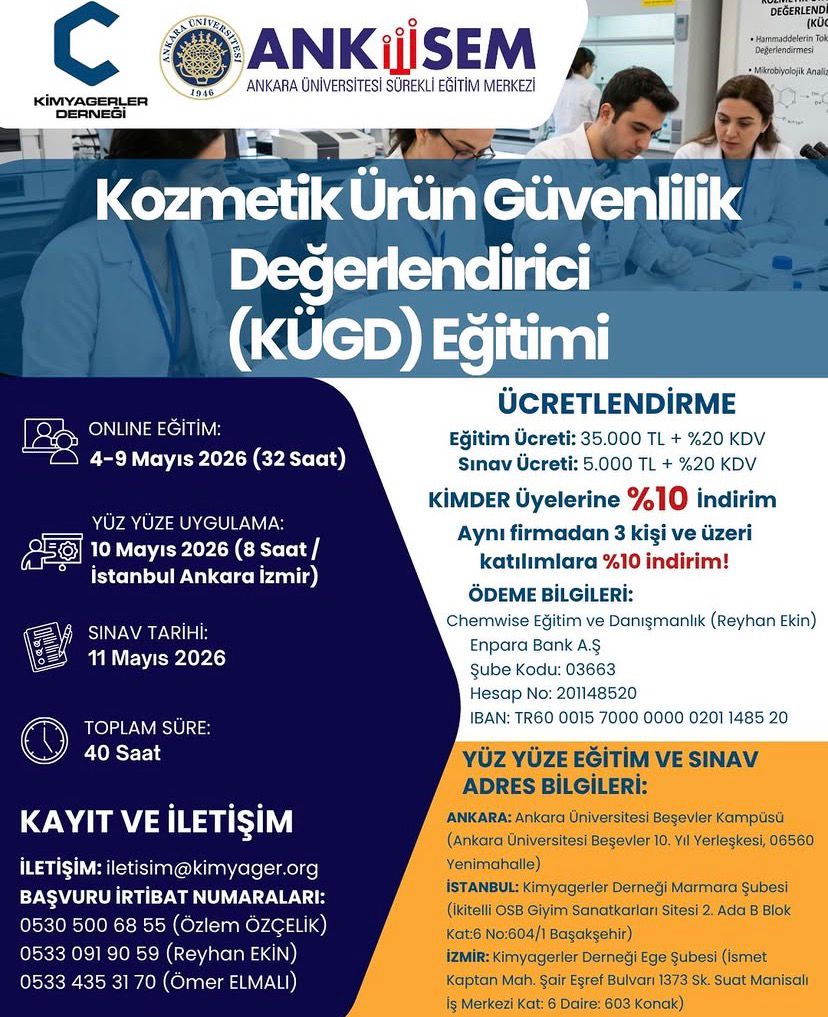 Kimyagerler Derneği Kozmetik Ürün Güvenlilik Değerlendirici (KÜGD) Eğitim Duyurusu