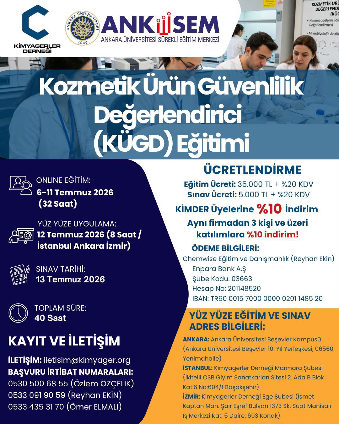 Kimyagerler Derneği Kozmetik Ürün Güvenlilik Değerlendirici (KÜGD) Eğitim Duyurusu – Temmuz 2026