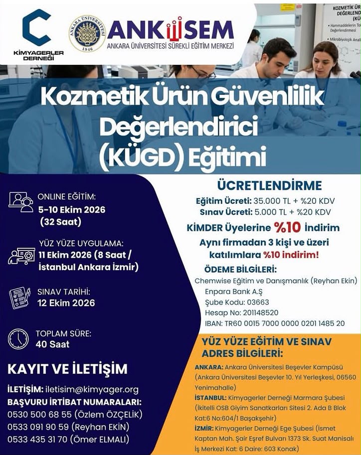 Kimyagerler Derneği Kozmetik Ürün Güvenlilik Değerlendirici (KÜGD) Eğitim Duyurusu – Ekim 2026